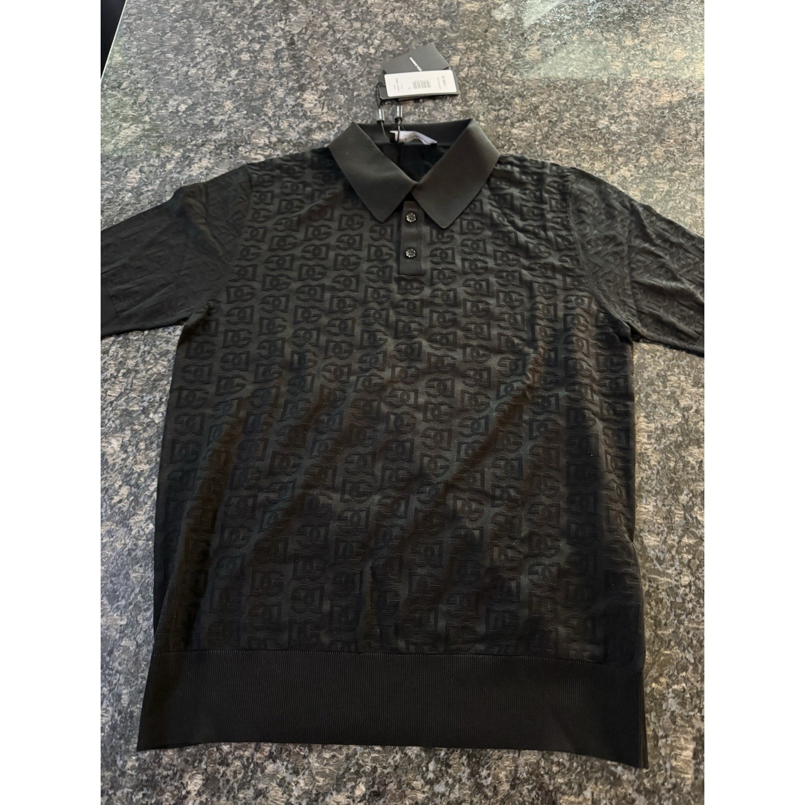 New W/Tag Dolce & Gabbana Dg Logo Silk Jacquard Black Shirt Polo $1695 Med. 50